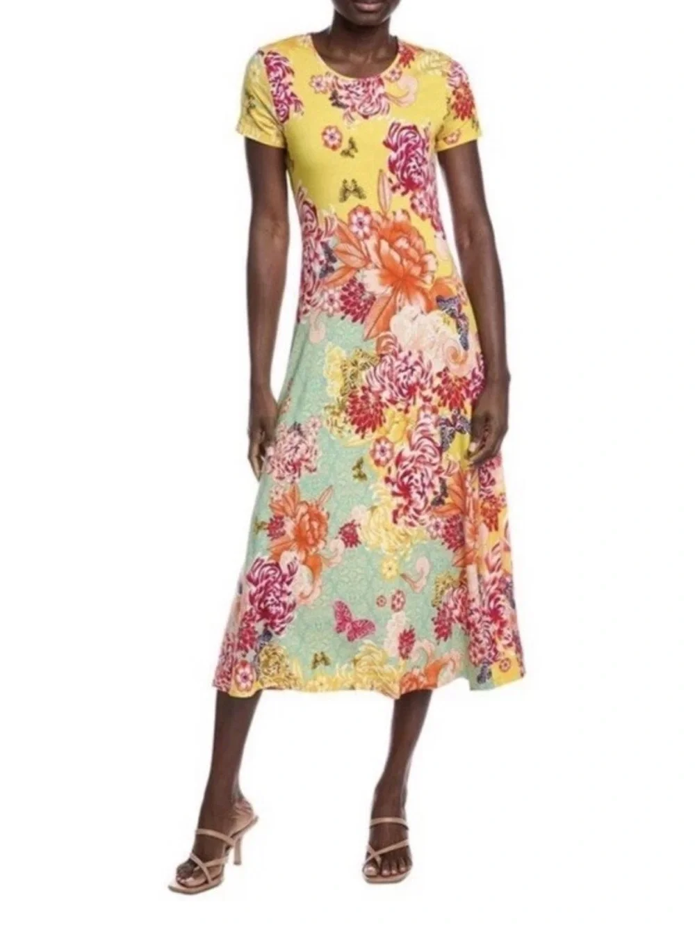 Johnny Was The Janie Favorite Cap Sleeve Midi Dress Charlie Floral Yellow Small